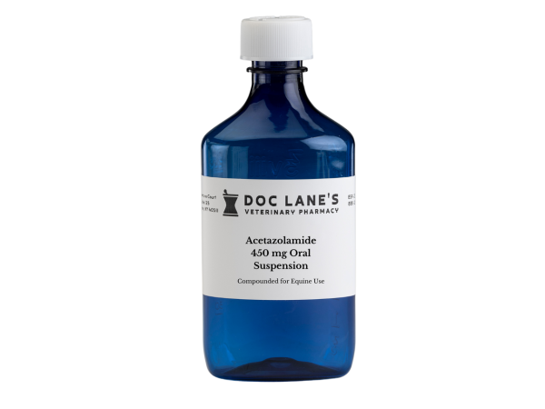 A bottle of Acetazolamide 450 mg Oral Suspension for veterinary use.