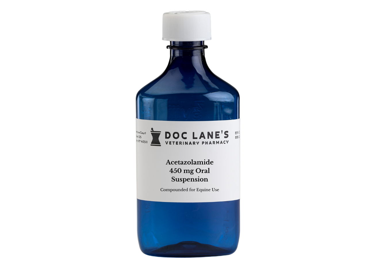 A bottle of Acetazolamide 450 mg Oral Suspension for veterinary use.