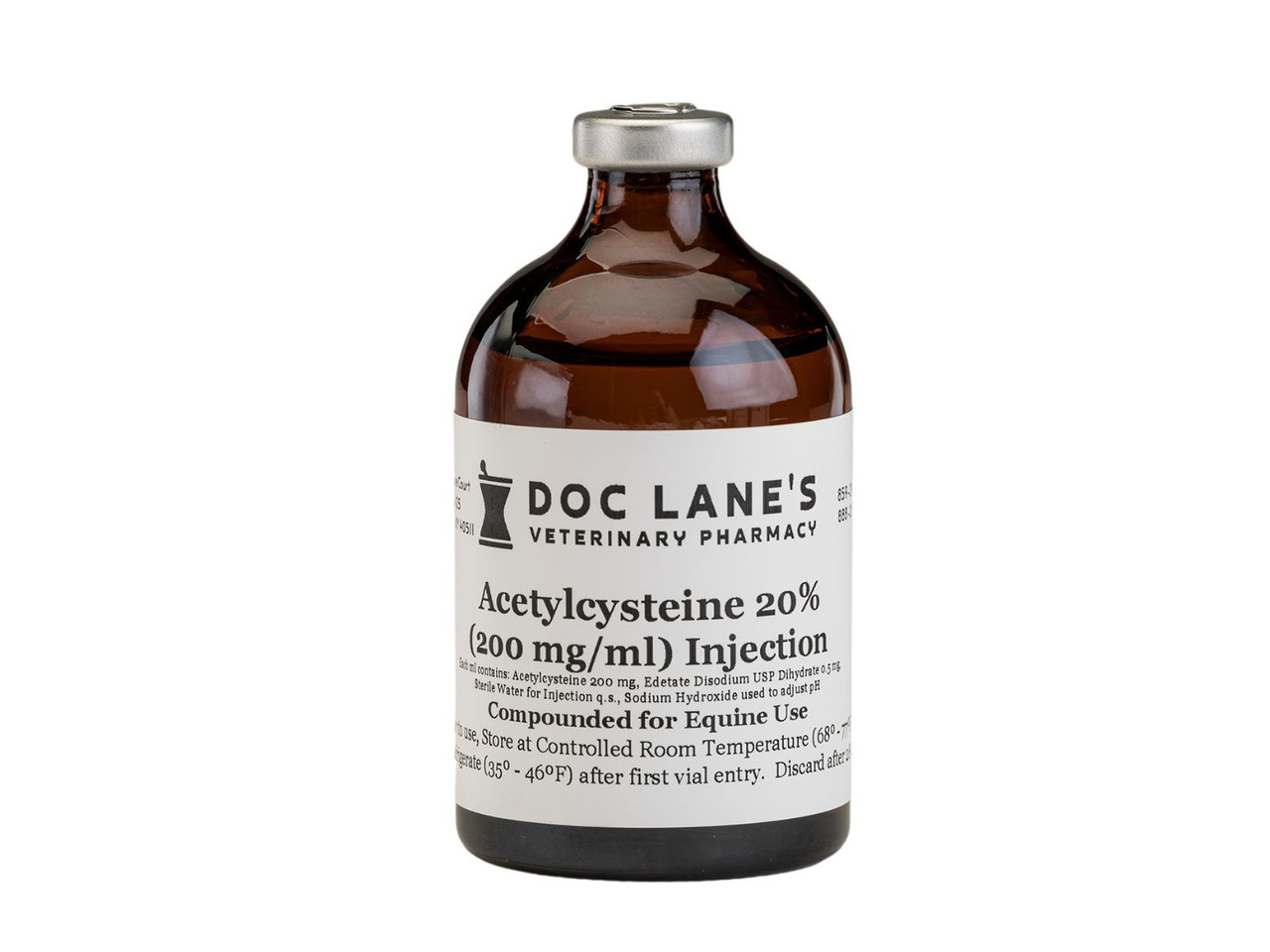 A bottle of Acetylcysteine 20% Injection for veterinary use.