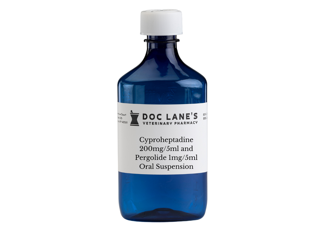 Cyproheptadine 200 mg/5 ml and Pergolide 1 mg/5 ml Oral Suspension compounded by Doc Lane's Veterinary Pharmacy.