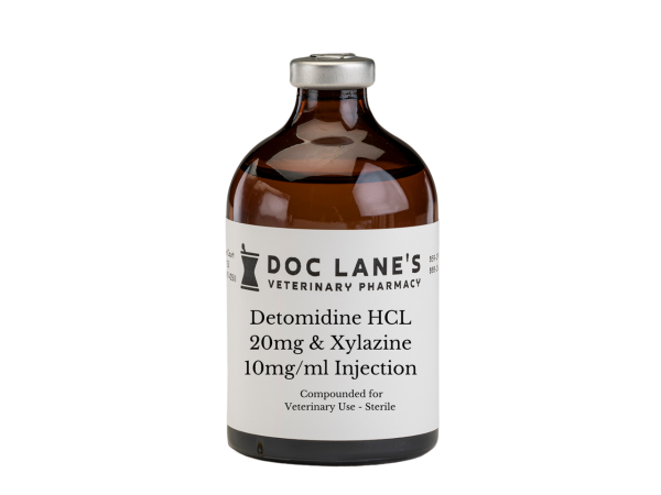 Detomidine HCl 20 mg & Xylazine 10 mg/ml Injection compounded by Doc Lane's Veterinary Pharmacy.