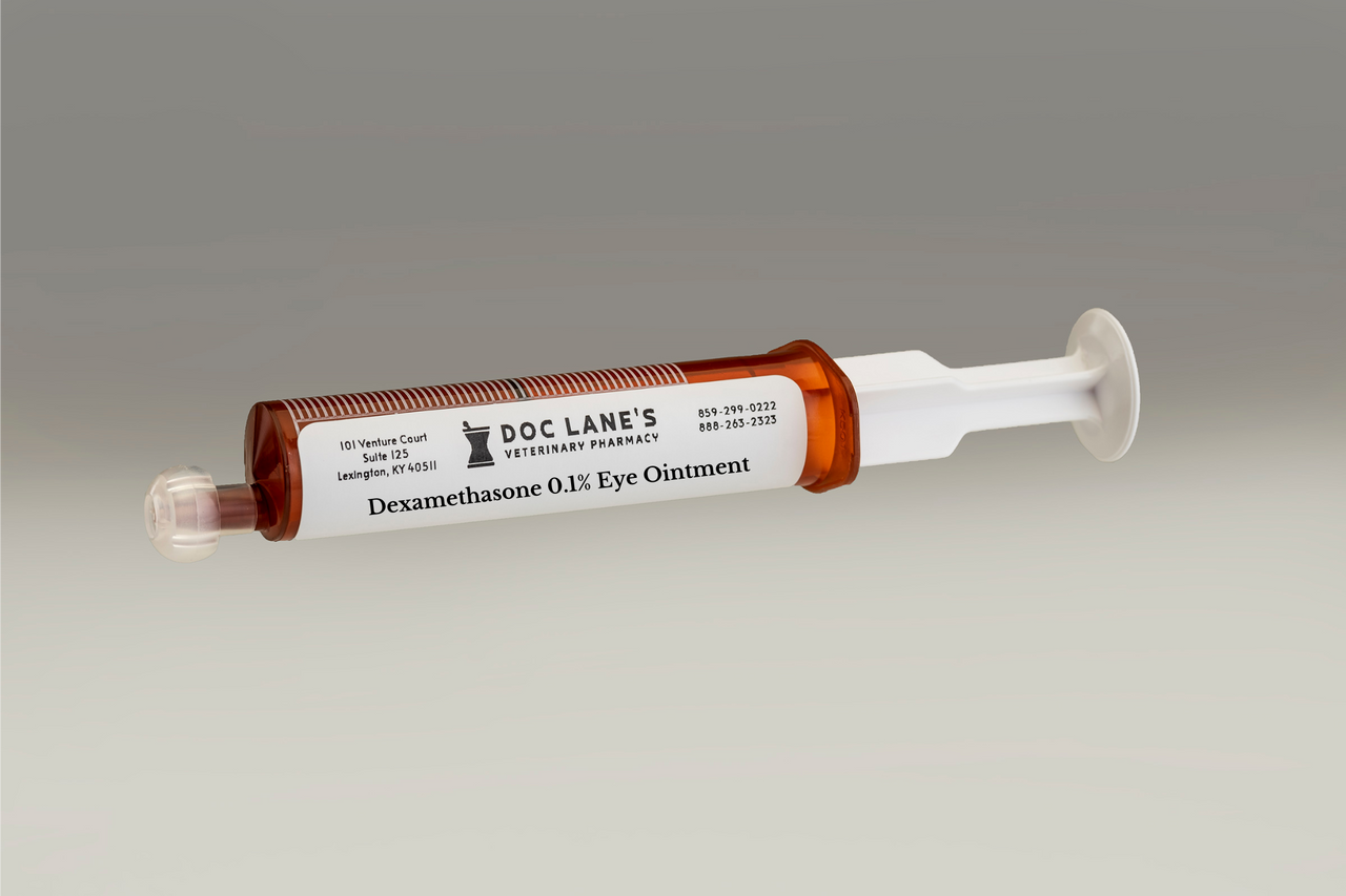 Dexamethasone 0.1% Eye Ointment compounded by Doc Lane's Veterinary Pharmacy.
