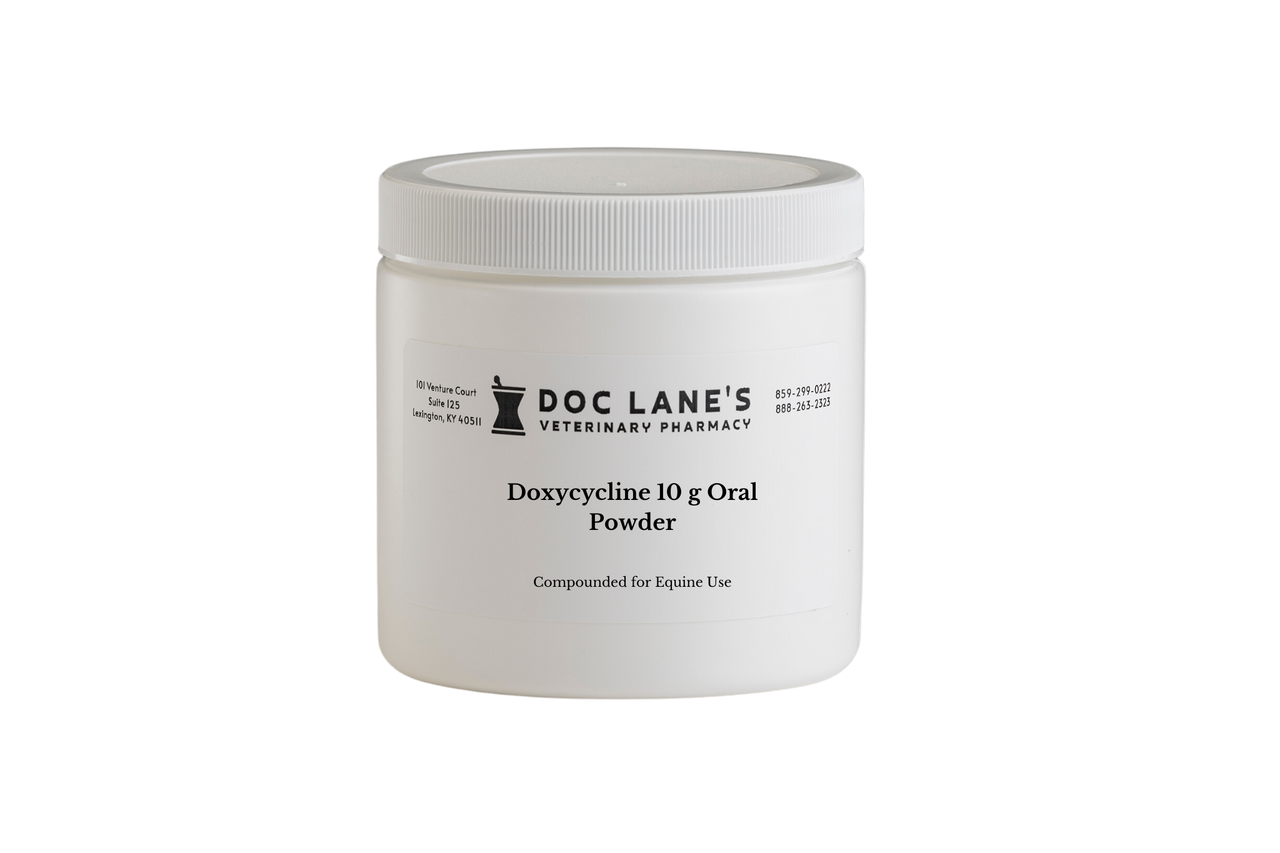 Doxycycline 10 g Oral Powder compounded by Doc Lane's Veterinary Pharmacy.