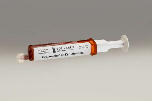 Gentamicin 0.3% Eye Ointment compounded by Doc Lane's Veterinary Pharmacy.