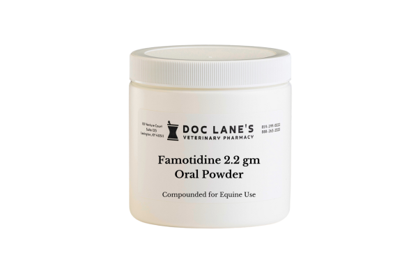 A jar of Famotidine 2.2 g Oral Powder for equine use
