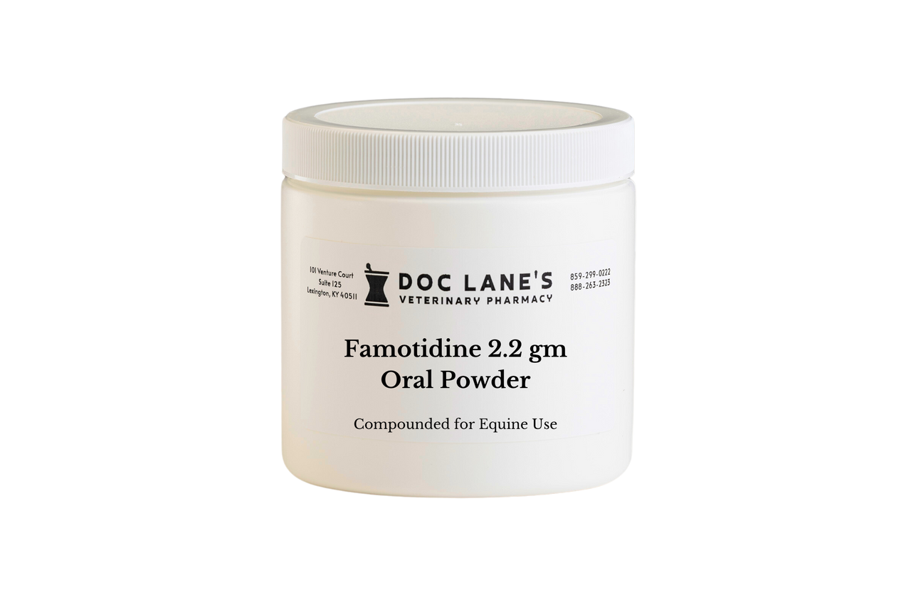 A jar of Famotidine 2.2 g Oral Powder for equine use