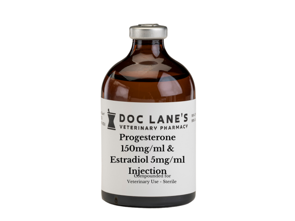 Progesterone 150 mg/ml & Estradiol 5 mg/ml Long Acting Injection (Sesame Oil) compounded by Doc Lane's Veterinary Pharmacy.