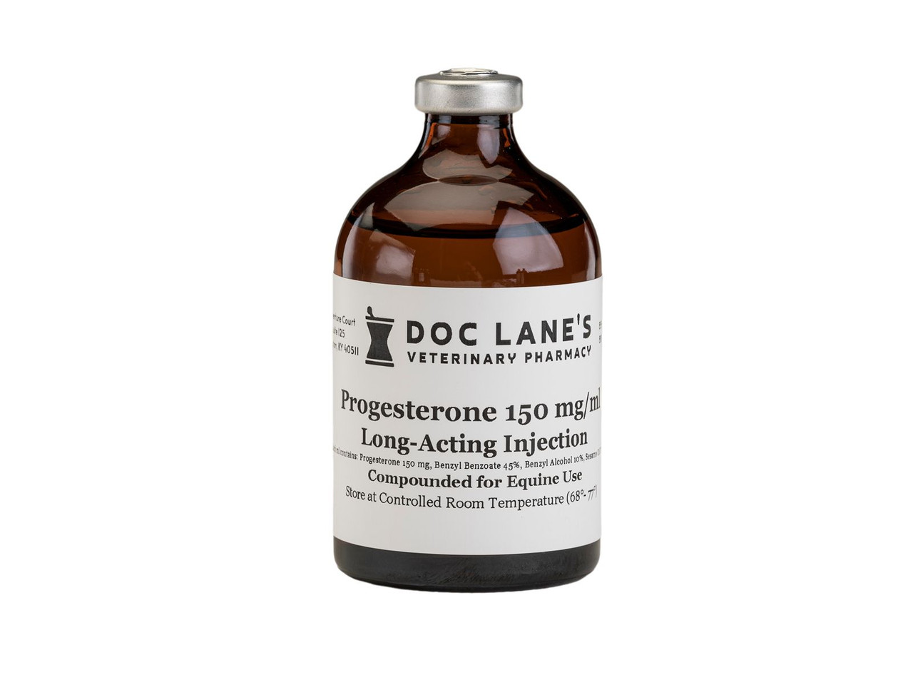 A bottle of Progesterone 150 mg/ml Long Acting Injection (Sesame Oil) for veterinary use.