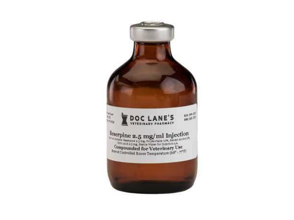 A bottle of Reserpine 2.5 mg/ml Injection for veterinary use.