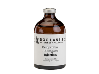 A 100 ml bottle of Ketoprofen 100 mg/ml injection compounded by Doc Lane's Veterinary Pharmacy