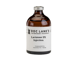 A 100 ml bottle of Lactanase (double strength) injection compounded by Doc Lane's Veterinary Pharmacy.