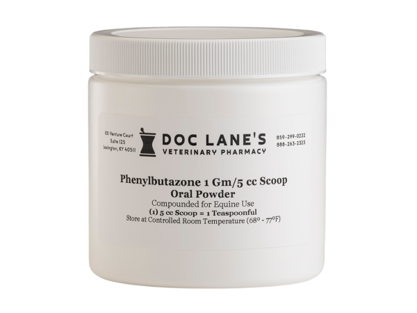 A bottle of Bute 1 g Oral Powder 25 scoop for veterinary use.
