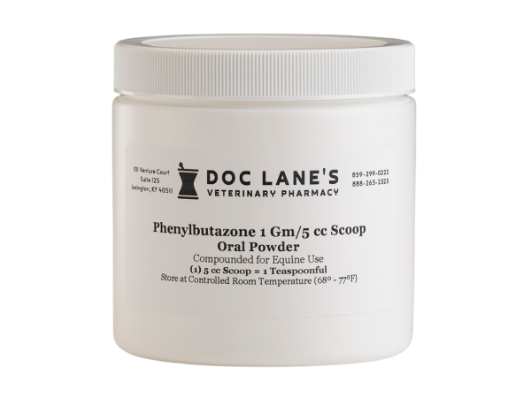 A bottle of Bute 1 g Oral Powder 100 scoop for veterinary use.