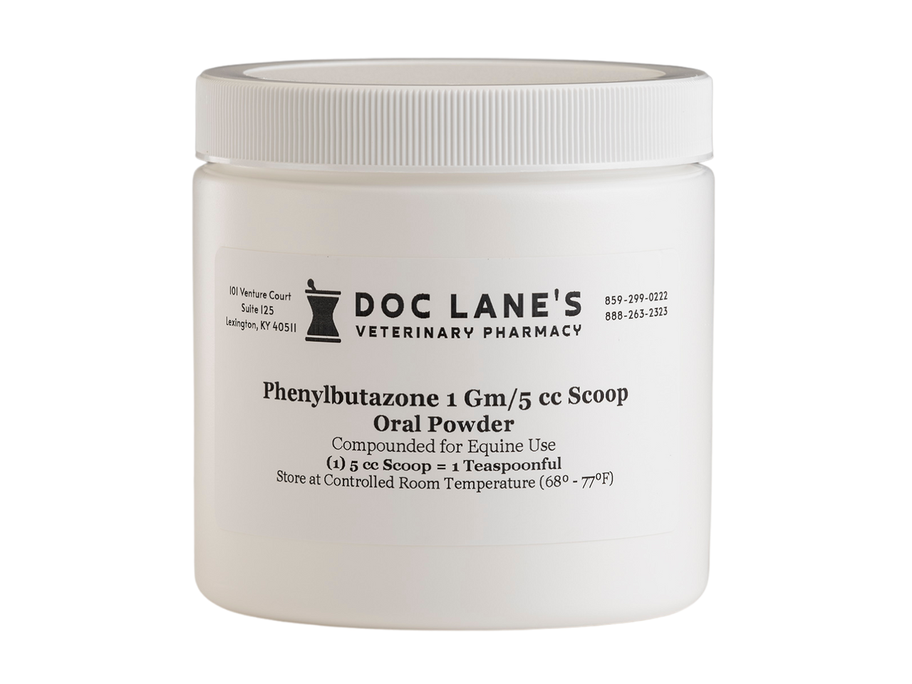 A bottle of Bute 1 g Oral Powder 100 scoop for veterinary use.