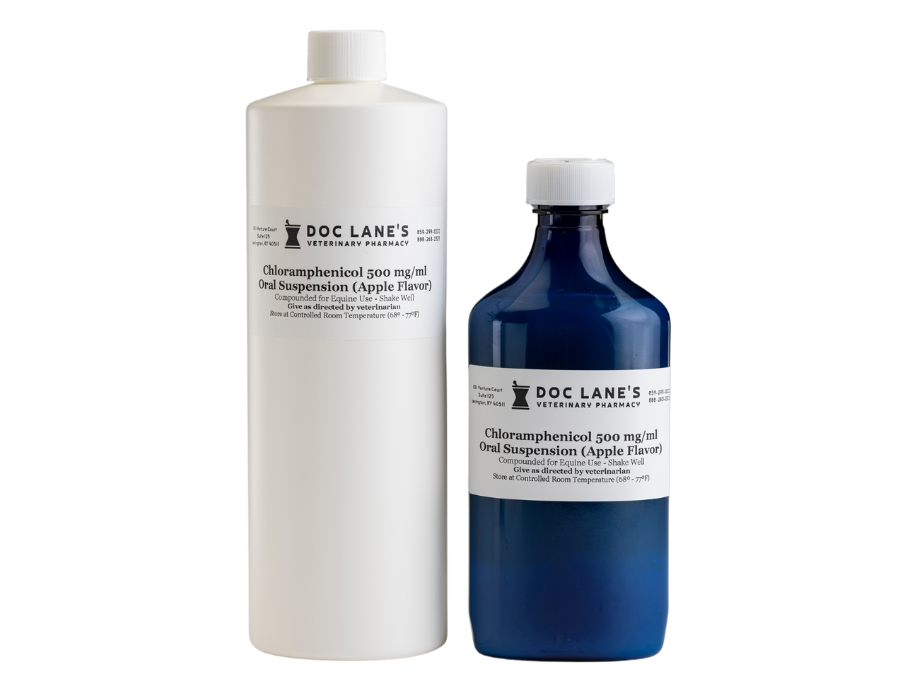 A bottle of Chloramphenicol 500 mg/ml Oral Suspension for veterinary use.