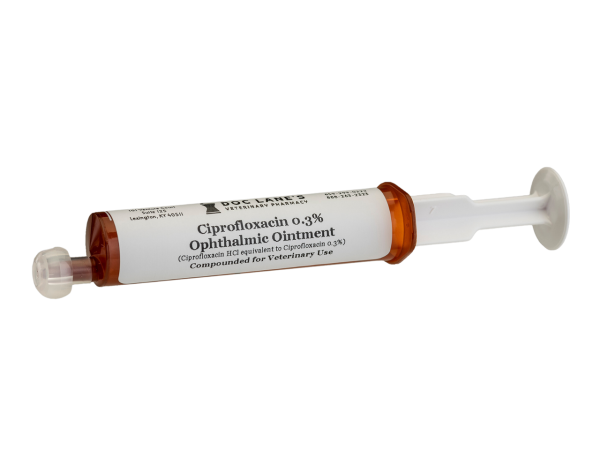 A bottle of Ciprofloxacin 0.3% Eye Ointment for veterinary use.