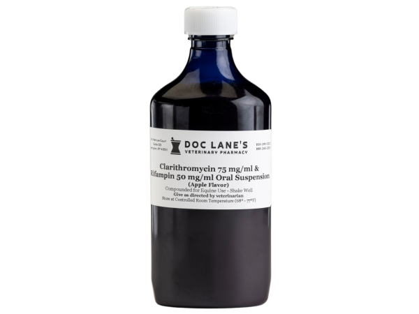A bottle of Clarithromycin 75 mg/ml & Rifampin 50 mg/ml Oral Suspension for veterinary use.