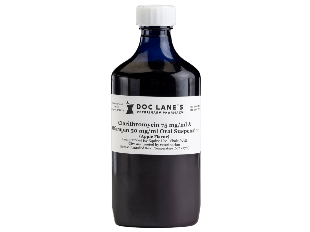 A bottle of Clarithromycin 75 mg/ml & Rifampin 50 mg/ml Oral Suspension for veterinary use.