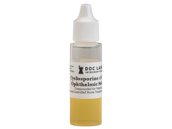 A bottle of Cyclosporine 1% Ophthalmic Solution for veterinary use.