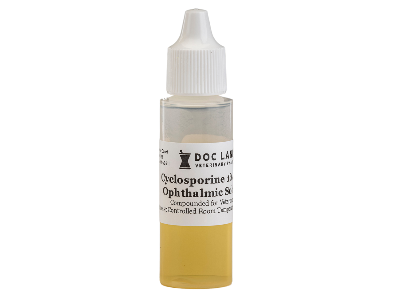 A bottle of Cyclosporine 1% Ophthalmic Solution for veterinary use.