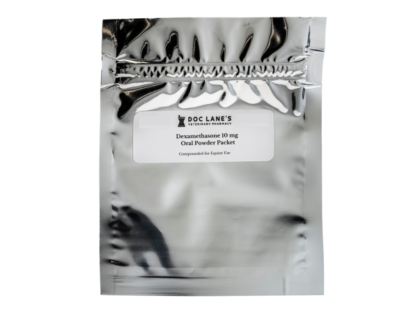 A packet of Dexamethasone 10 mg Oral Powder for veterinary use.