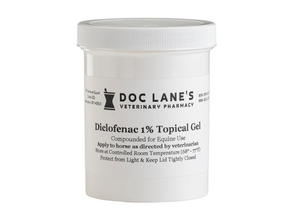A bottle of Diclofenac 1% Topical Gel for veterinary use.