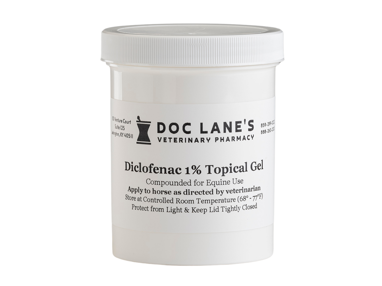 A bottle of Diclofenac 1% Topical Gel for veterinary use.