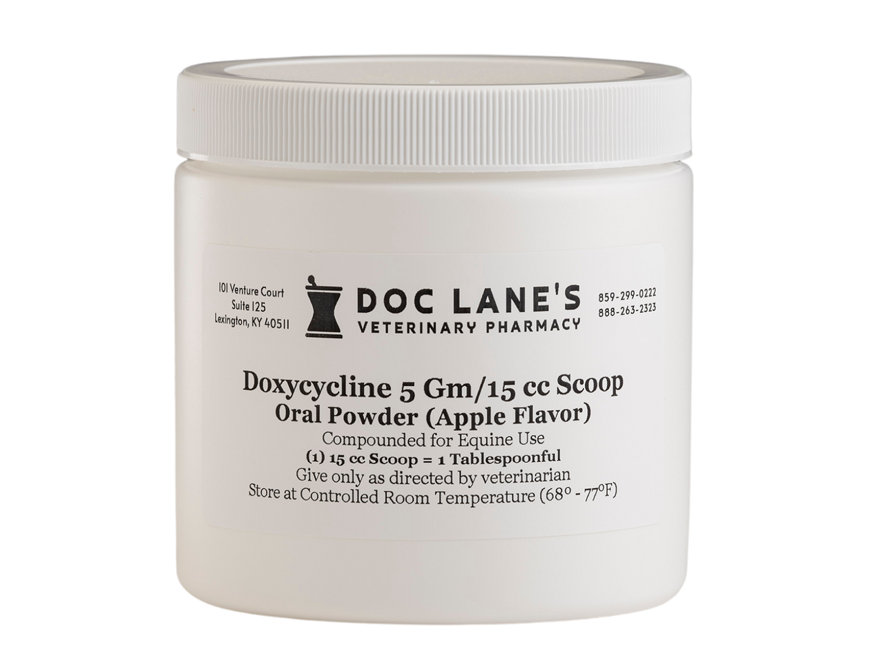 A bottle of Doxycycline 5 g Oral Powder for veterinary use.