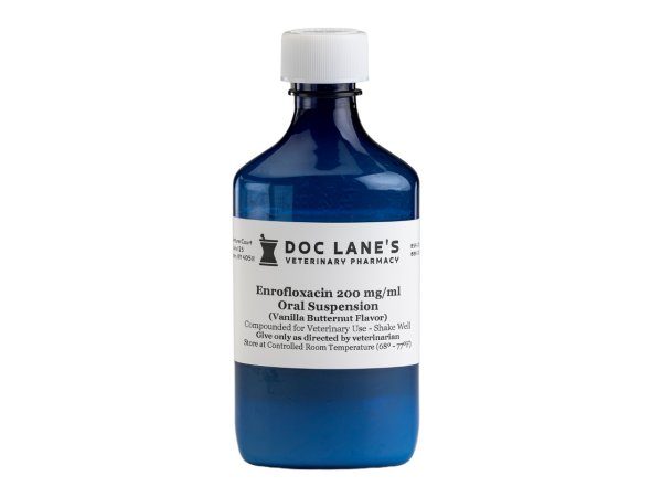 A bottle of Enrofloxacin 200 mg/ml Suspension VB for veterinary use.