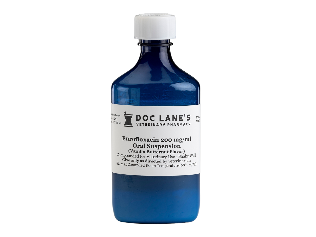 A bottle of Enrofloxacin 200 mg/ml Suspension VB for veterinary use.