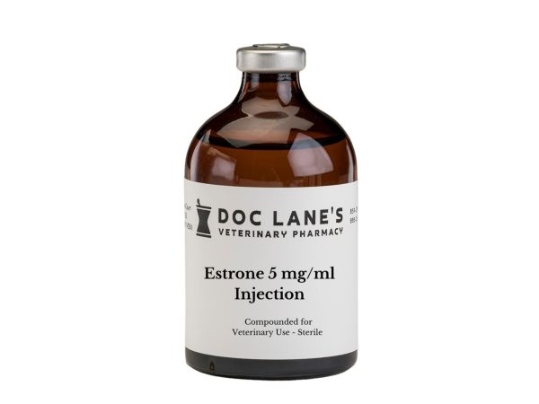 A bottle of Estrone 5 mg/ml Injection for veterinary use.