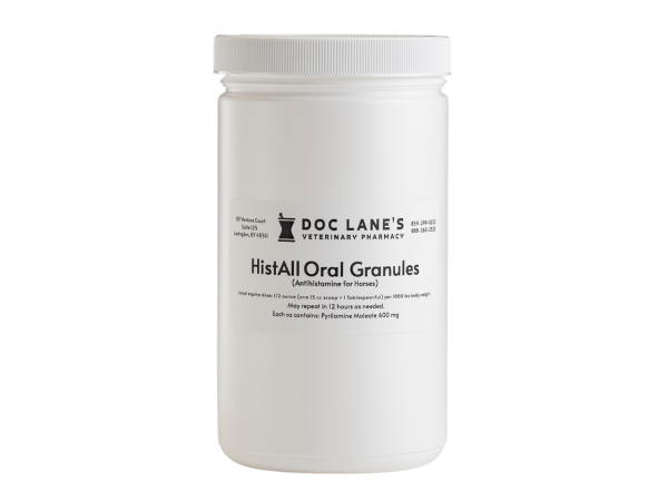 A bottle of HistAll Granules (Pyrilamine) for veterinary use.