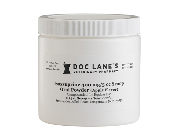 A bottle of Isoxsuprine 400 mg Oral Powder for veterinary use.