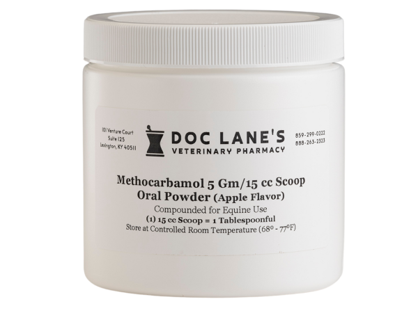 A bottle of Methocarbamol 5 g Oral Powder for veterinary use.