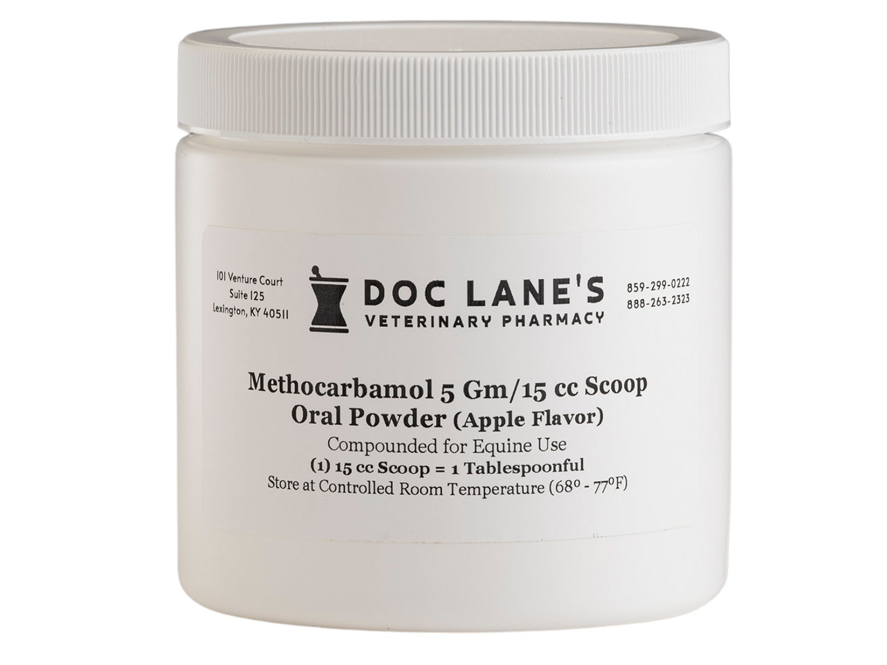 A bottle of Methocarbamol 5 g Oral Powder for veterinary use.