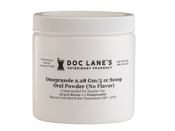 A jar of Raw Omeprazole Oral Powder for veterinary use.