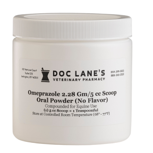 A bottle of Omeprazole 2.28 g Oral Powder for veterinary use.