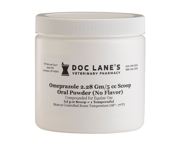 A bottle of Omeprazole 2.28 g Oral Powder for veterinary use.