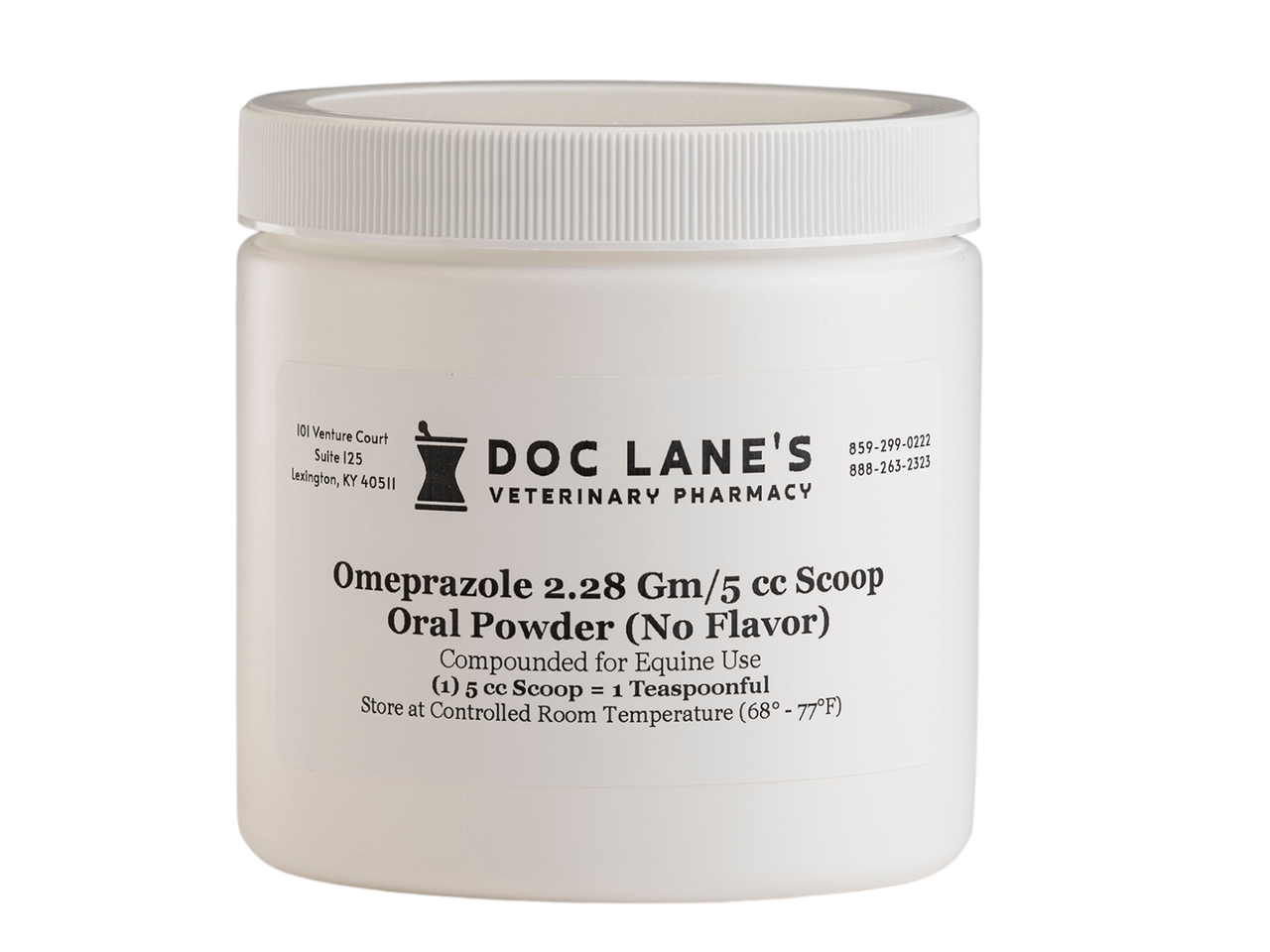 A bottle of Omeprazole 2.28 g Oral Powder for veterinary use.