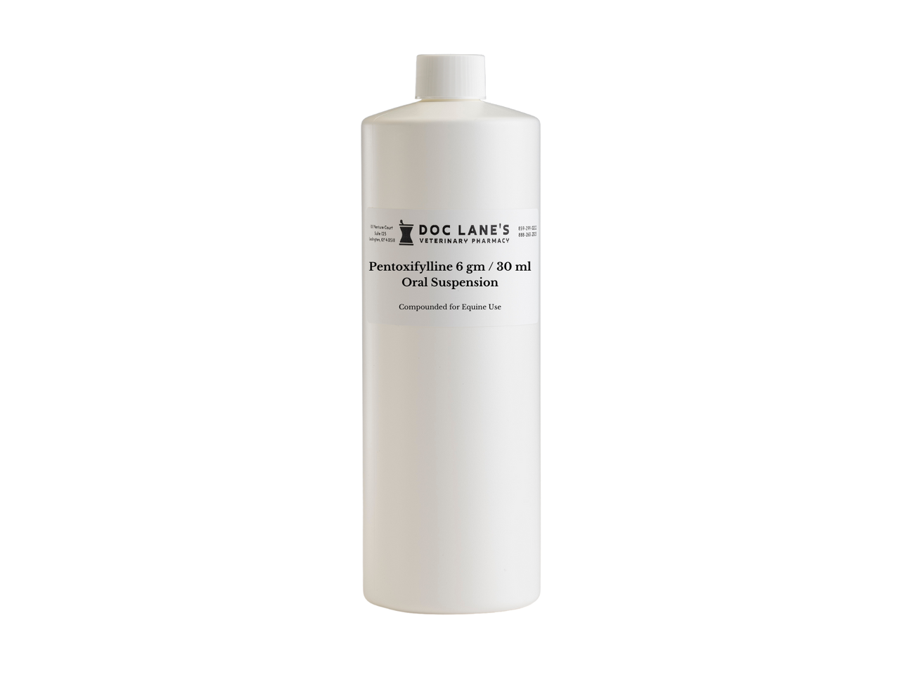 A bottle of Pentoxifylline 200mg/ml (6 g/30 ml) Oral Suspension for veterinary use.
