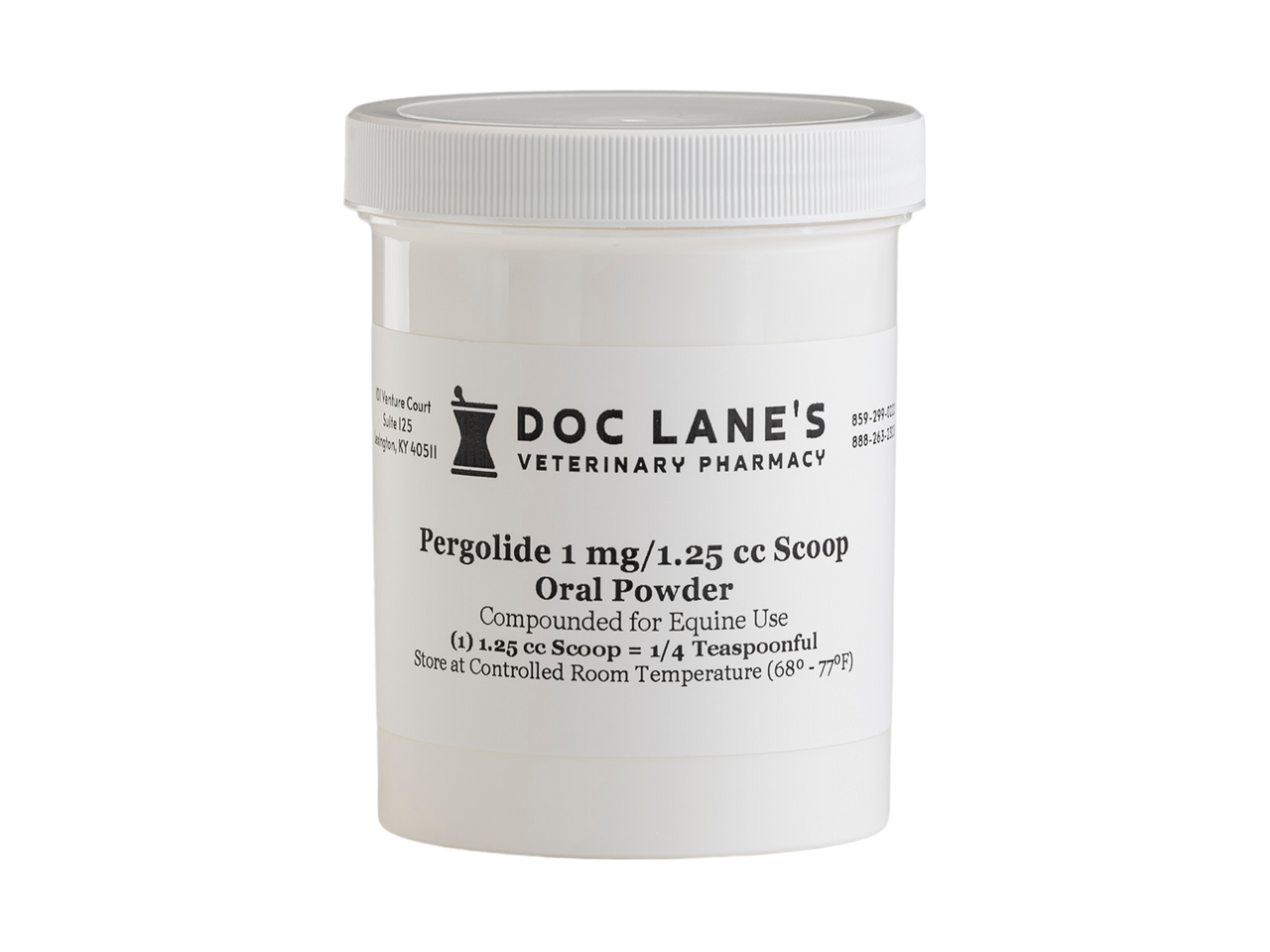 A bottle of Pergolide 1.5 mg Oral Powder for veterinary use.