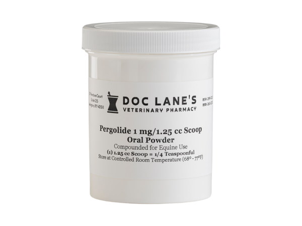 A bottle of Pergolide 1 mg Oral Powder for veterinary use.