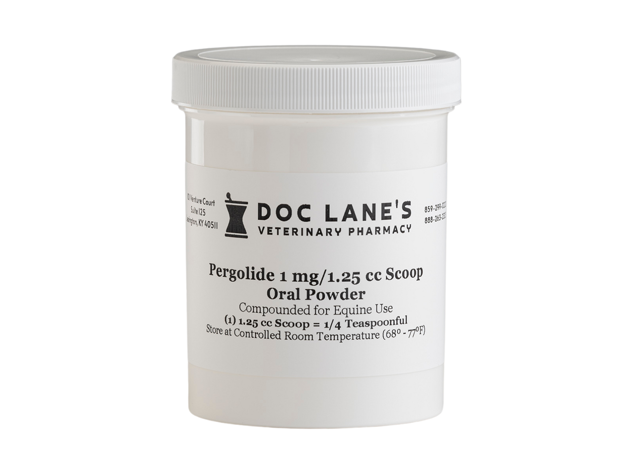 A bottle of Pergolide 1 mg Oral Powder for veterinary use.
