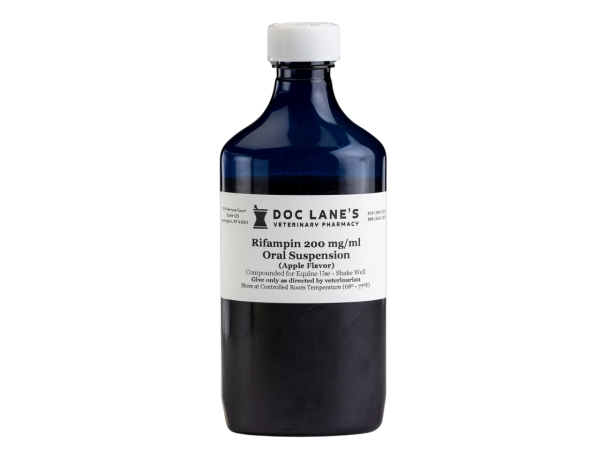 A bottle of Rifampin 200 mg/ml Oral Suspension for veterinary use.