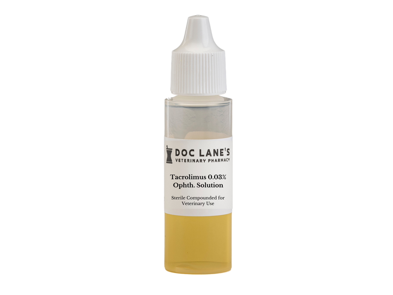 A bottle of Tacrolimus 0.03% Ophthalmic Solution for veterinary use.