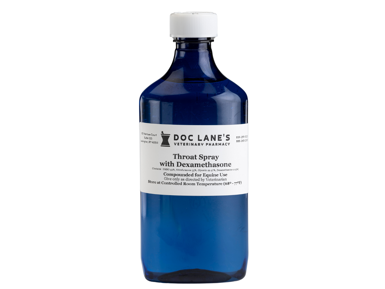 A bottle of Throat Spray with Dexamethasone, DMSO for veterinary use.