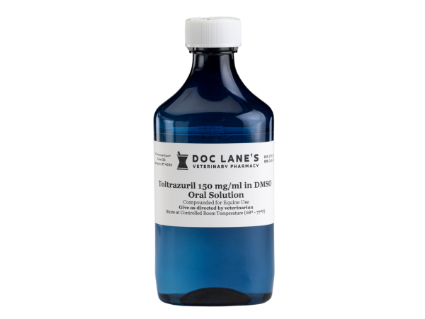 A bottle of Toltrazuril 150 mg/ml in DMSO for veterinary use.