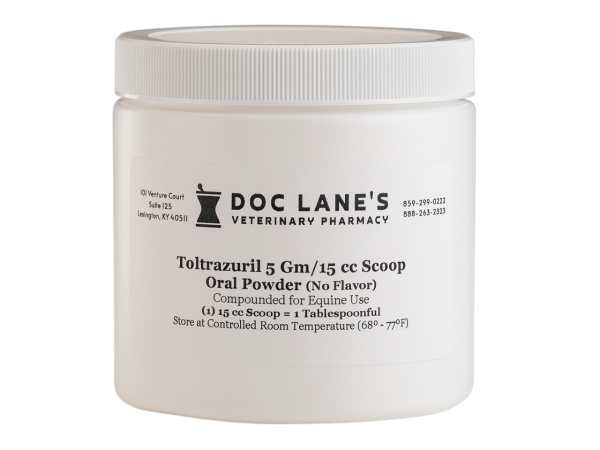 A bottle of Toltrazuril 5 g Oral Powder for veterinary use.