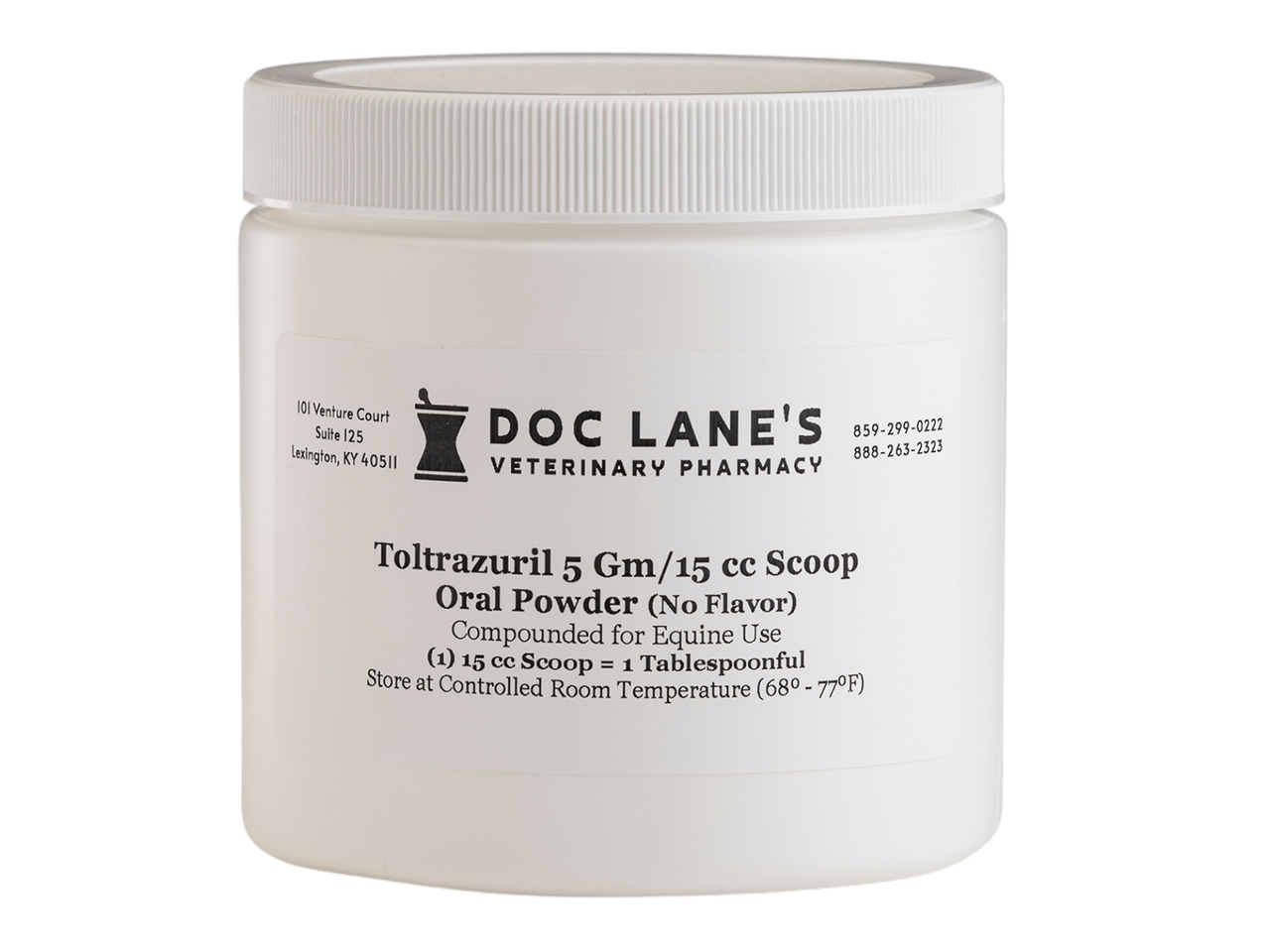 A bottle of Toltrazuril 5 g Oral Powder for veterinary use.